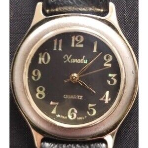 VINTAGE GOLD / BLACK WOMEN'S "XANADU" QUARTZ WATCH WITH BLACK LEATHER BAND